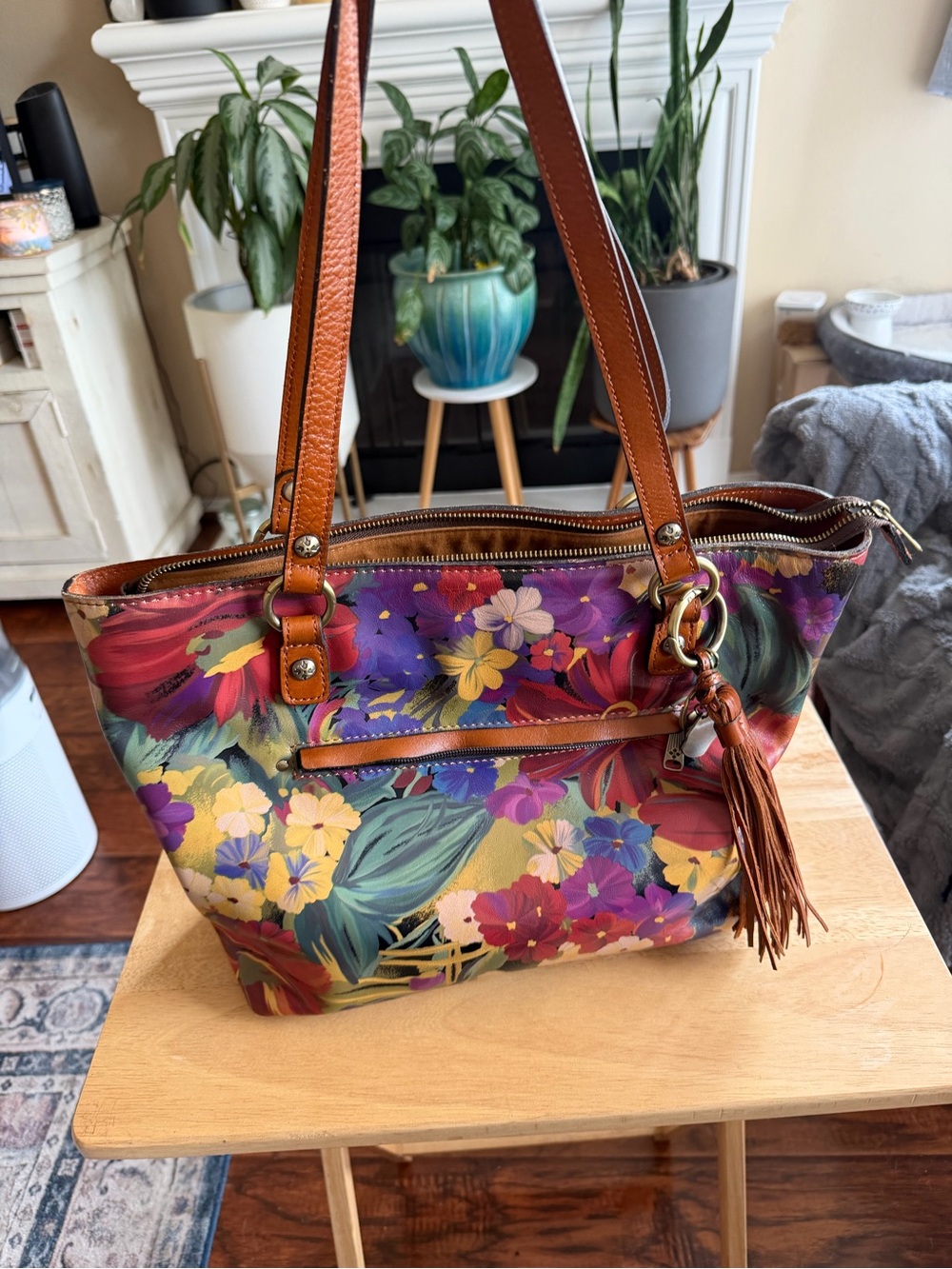 Patricia Nash Multicolor Floral Shoulder Bag with Brown Leather Trim QVC